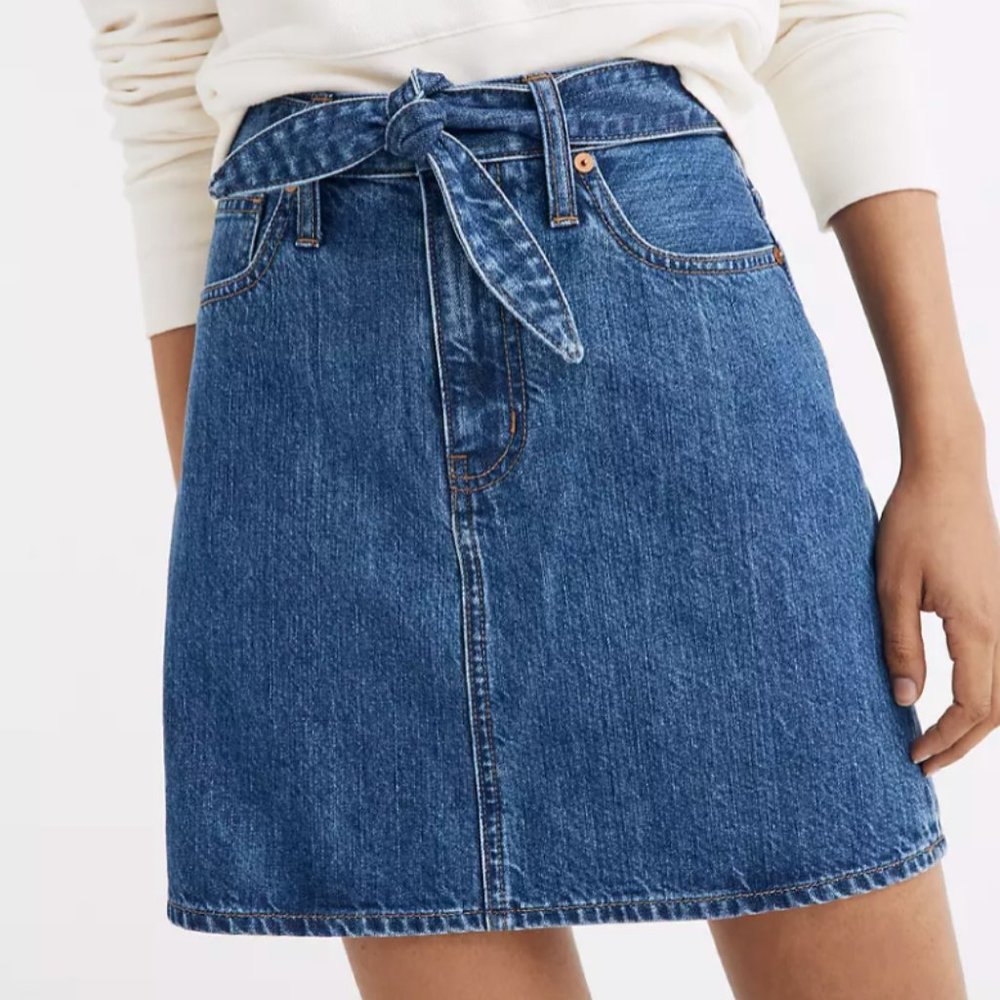 Rigid Denim Straight Mini Skirt With Tie Waist